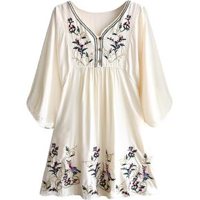 futurino Women's Bohemian Embroidered Crew Neck Dress Fashionable Classic Button Down Top