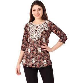ladyline Lakhnavi Embroidered Cotton Printed Womens Tunic Top Elegant Short Kurti Hip Length
