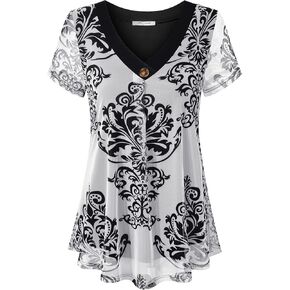 SeSe Code Womens Pleat Stretch Mesh Blouses Short Sleeve Breathable Flowy Shirts in Saudi Arabia