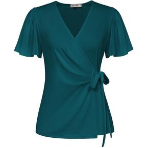 GRACE KARIN 2025 Womens Summer Tops Dressy Business Casual Chiffon Short Sleeve V-Neck Wrap Work Fitted Blouses