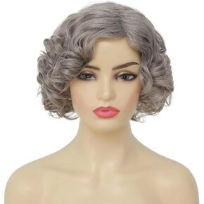 Amnenl Grey Short Curly Wig for Women Finger Wave Wigs Natural Heat Resistant Synthetic Hair for Daily Costume Party Halloween Wig in Kuwait