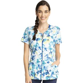 Infinity Women Scrubs Top Round Neck Zip Front Print CK772