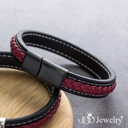 555Jewelry سوار من الجلد الأسود بمشبك مغناطيسي من الفولاذ المقاوم للصدأ ومضفر ومخيط للرجال in Kuwait