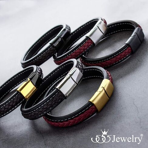 555Jewelry سوار من الجلد الأسود بمشبك مغناطيسي من الفولاذ المقاوم للصدأ ومضفر ومخيط للرجال in Kuwait
