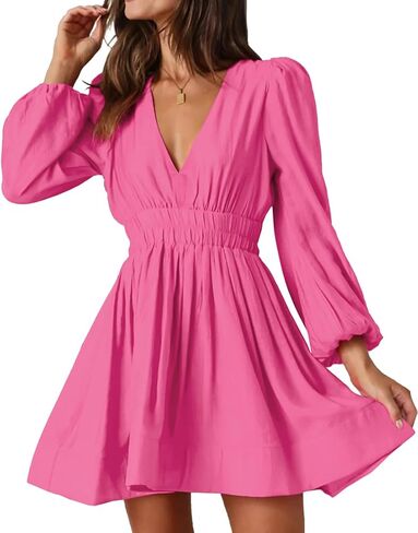 TOMYRESON Womens 2023 Deep V Neck Long Sleeve Mini Dress for Women High Rise A-line Dress Elastic Waist Casual Flowy Dress in Saudi Arabia