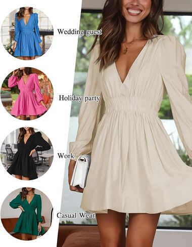 TOMYRESON Womens 2023 Deep V Neck Long Sleeve Mini Dress for Women High Rise A-line Dress Elastic Waist Casual Flowy Dress in Saudi Arabia