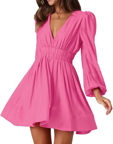 TOMYRESON Womens 2023 Deep V Neck Long Sleeve Mini Dress for Women High Rise A-line Dress Elastic Waist Casual Flowy Dress in Saudi Arabia