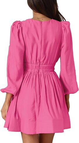 TOMYRESON Womens 2023 Deep V Neck Long Sleeve Mini Dress for Women High Rise A-line Dress Elastic Waist Casual Flowy Dress in Saudi Arabia