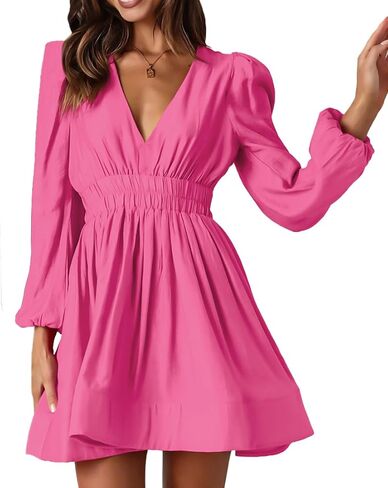 TOMYRESON Womens 2023 Deep V Neck Long Sleeve Mini Dress for Women High Rise A-line Dress Elastic Waist Casual Flowy Dress in Saudi Arabia