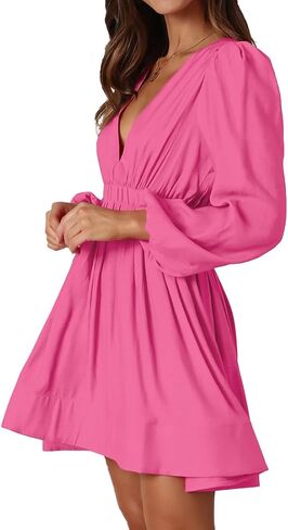 TOMYRESON Womens 2023 Deep V Neck Long Sleeve Mini Dress for Women High Rise A-line Dress Elastic Waist Casual Flowy Dress in Saudi Arabia