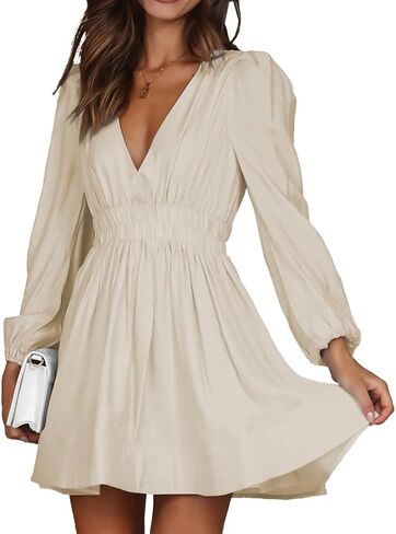 TOMYRESON Womens 2023 Deep V Neck Long Sleeve Mini Dress for Women High Rise A-line Dress Elastic Waist Casual Flowy Dress in Saudi Arabia