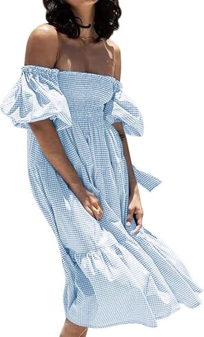 R.Vivimos Women's Summer Cotton Plaid Puff Sleeves Bow Casual Off-Shoulder Boho Midi Dress in Saudi Arabia