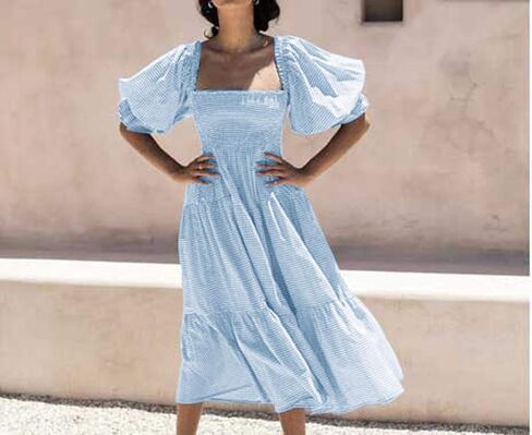 R.Vivimos Women's Summer Cotton Plaid Puff Sleeves Bow Casual Off-Shoulder Boho Midi Dress in Saudi Arabia