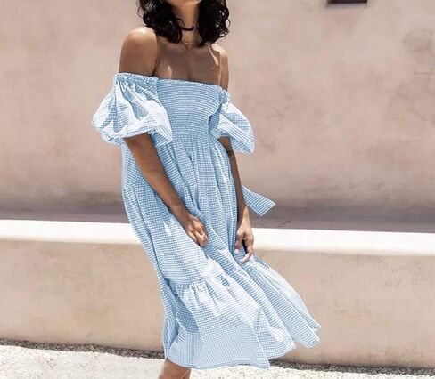 R.Vivimos Women's Summer Cotton Plaid Puff Sleeves Bow Casual Off-Shoulder Boho Midi Dress in Saudi Arabia