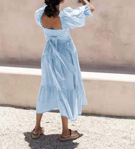 R.Vivimos Women's Summer Cotton Plaid Puff Sleeves Bow Casual Off-Shoulder Boho Midi Dress in Saudi Arabia