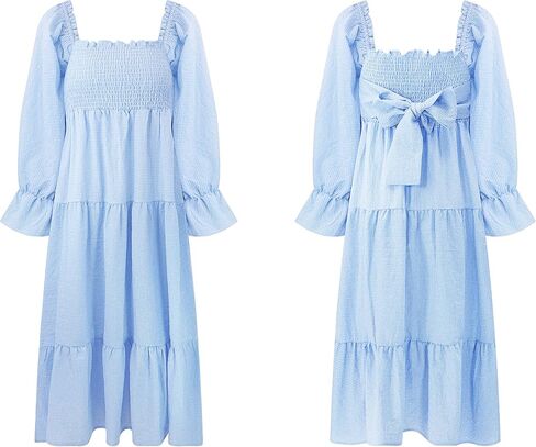 R.Vivimos Women's Summer Cotton Plaid Puff Sleeves Bow Casual Off-Shoulder Boho Midi Dress in Saudi Arabia