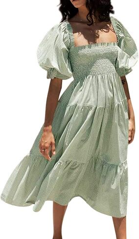 R.Vivimos Women's Summer Cotton Plaid Puff Sleeves Bow Casual Off-Shoulder Boho Midi Dress in Saudi Arabia