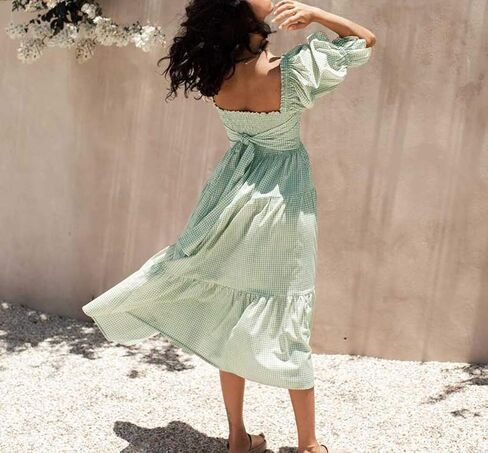 R.Vivimos Women's Summer Cotton Plaid Puff Sleeves Bow Casual Off-Shoulder Boho Midi Dress in Saudi Arabia
