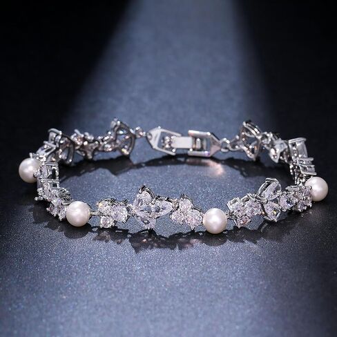 Hadskiss Tennis Bracelet for Women Brides, Rhinestone Silver Pearl Bracelet for Wedding Prom Party, Marquise Cubic Zirconia Bracelet for Costume Jewelry, 20cm, Copper, Cubic Zirconia in Kuwait