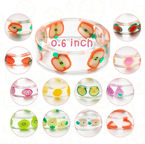 بانتايد 12 قطعة من خواتم ايندي من الراتنج الاكريليك اللطيف، مجموعة خواتم الصيف الملونة شفافة التراص Y2K الجمالية كيدكور مضحك الفاكهة خواتم بلاستيكية مجوهرات هدية للنساء والفتيات المراهقات, راتنج in Kuwait