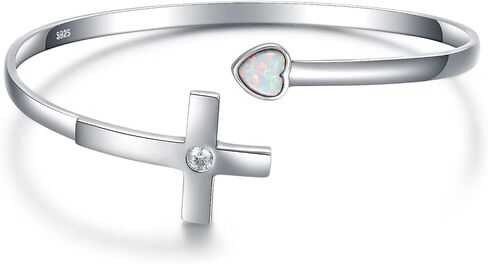 925-Sterling-Silver Cross Bracelet for Women - Opal Heart Cross Bangle Religious Jewelry for Confirmation Religious Gifts for Teen Girls Mother, 标准纯银, Cubic Zirconia in Kuwait