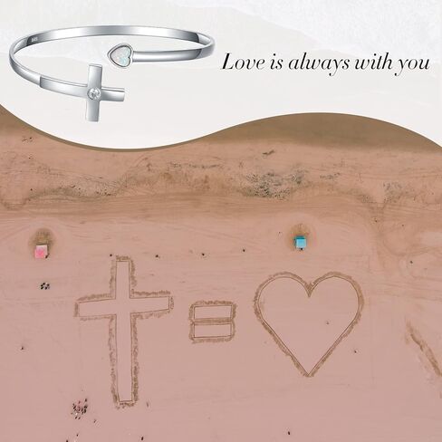 925-Sterling-Silver Cross Bracelet for Women - Opal Heart Cross Bangle Religious Jewelry for Confirmation Religious Gifts for Teen Girls Mother, 标准纯银, Cubic Zirconia in Kuwait