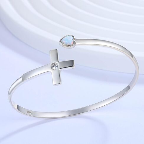 925-Sterling-Silver Cross Bracelet for Women - Opal Heart Cross Bangle Religious Jewelry for Confirmation Religious Gifts for Teen Girls Mother, 标准纯银, Cubic Zirconia in Kuwait