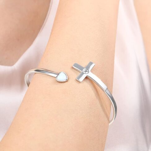925-Sterling-Silver Cross Bracelet for Women - Opal Heart Cross Bangle Religious Jewelry for Confirmation Religious Gifts for Teen Girls Mother, 标准纯银, Cubic Zirconia in Kuwait