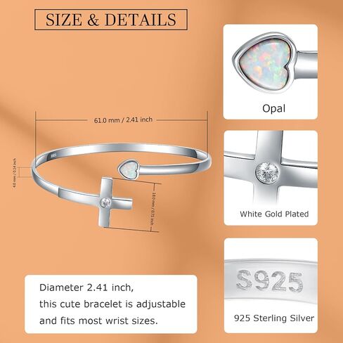 925-Sterling-Silver Cross Bracelet for Women - Opal Heart Cross Bangle Religious Jewelry for Confirmation Religious Gifts for Teen Girls Mother, 标准纯银, Cubic Zirconia in Kuwait