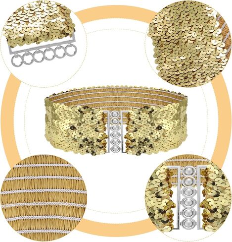 احزمة فستان مزينة بالترتر للبنات من ثينب جريفوسيا، حزام خصر عريض بلون ذهبي، حزام خصر مرن قابل للتمدد، حزام مشبك معدني لازياء السبعينيات والثمانينيات وحفلات الديسكو للنساء والفتيات (ذهبي فضي واسود)، 3 in Kuwait