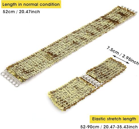 احزمة فستان مزينة بالترتر للبنات من ثينب جريفوسيا، حزام خصر عريض بلون ذهبي، حزام خصر مرن قابل للتمدد، حزام مشبك معدني لازياء السبعينيات والثمانينيات وحفلات الديسكو للنساء والفتيات (ذهبي فضي واسود)، 3 in Kuwait