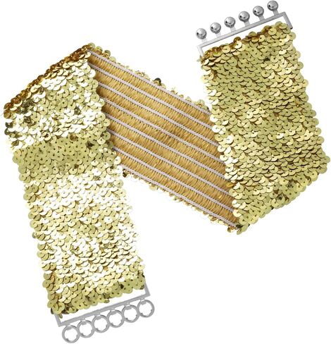 احزمة فستان مزينة بالترتر للبنات من ثينب جريفوسيا، حزام خصر عريض بلون ذهبي، حزام خصر مرن قابل للتمدد، حزام مشبك معدني لازياء السبعينيات والثمانينيات وحفلات الديسكو للنساء والفتيات (ذهبي فضي واسود)، 3 in Kuwait