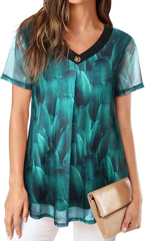 SeSe Code Womens Pleat Stretch Mesh Blouses Short Sleeve Breathable Flowy Shirts in Kuwait