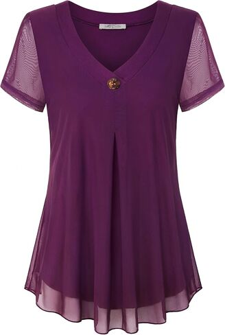 SeSe Code Womens Pleat Stretch Mesh Blouses Short Sleeve Breathable Flowy Shirts in Kuwait