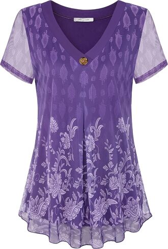 SeSe Code Womens Pleat Stretch Mesh Blouses Short Sleeve Breathable Flowy Shirts in Kuwait