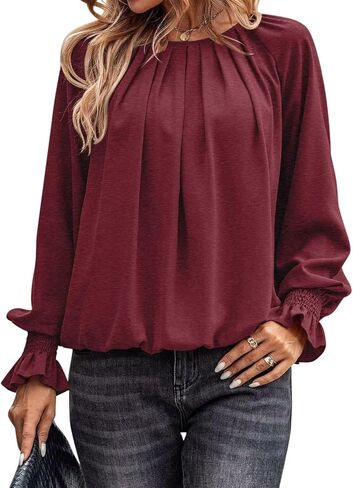 بلوزات نسائية بأكمام طويلة مضيئة من Syellowafter بلوزات ذات ثنيات وفتحة رقبة دائرية مريحة مناسبة للخريف قمصان غير رسمية in Kuwait