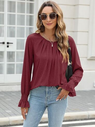 بلوزات نسائية بأكمام طويلة مضيئة من Syellowafter بلوزات ذات ثنيات وفتحة رقبة دائرية مريحة مناسبة للخريف قمصان غير رسمية in Kuwait