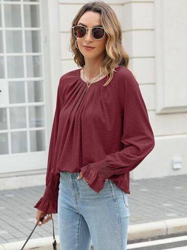 بلوزات نسائية بأكمام طويلة مضيئة من Syellowafter بلوزات ذات ثنيات وفتحة رقبة دائرية مريحة مناسبة للخريف قمصان غير رسمية in Kuwait