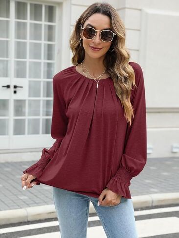 بلوزات نسائية بأكمام طويلة مضيئة من Syellowafter بلوزات ذات ثنيات وفتحة رقبة دائرية مريحة مناسبة للخريف قمصان غير رسمية in Kuwait