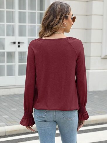 بلوزات نسائية بأكمام طويلة مضيئة من Syellowafter بلوزات ذات ثنيات وفتحة رقبة دائرية مريحة مناسبة للخريف قمصان غير رسمية in Kuwait