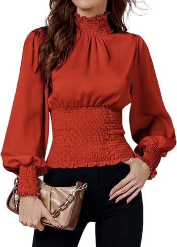 LYANER Women's Shirred Frill Mock Neck Smocked Puff Long Sleeve Blouse Top in Saudi Arabia