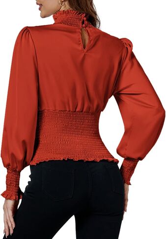 LYANER Women's Shirred Frill Mock Neck Smocked Puff Long Sleeve Blouse Top in Saudi Arabia