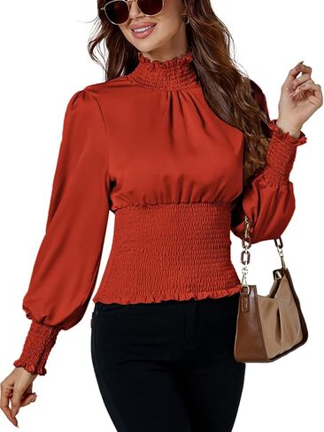 LYANER Women's Shirred Frill Mock Neck Smocked Puff Long Sleeve Blouse Top in Saudi Arabia
