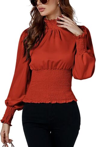 LYANER Women's Shirred Frill Mock Neck Smocked Puff Long Sleeve Blouse Top in Saudi Arabia