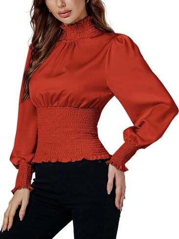 LYANER Women's Shirred Frill Mock Neck Smocked Puff Long Sleeve Blouse Top in Saudi Arabia