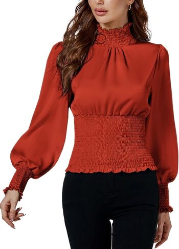LYANER Women's Shirred Frill Mock Neck Smocked Puff Long Sleeve Blouse Top in Saudi Arabia