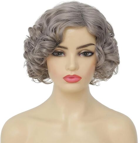 Amnenl Grey Short Curly Wig for Women Finger Wave Wigs Natural Heat Resistant Synthetic Hair for Daily Costume Party Halloween Wig in Kuwait