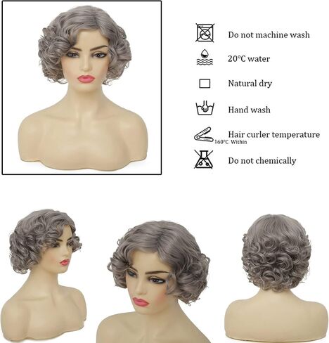 Amnenl Grey Short Curly Wig for Women Finger Wave Wigs Natural Heat Resistant Synthetic Hair for Daily Costume Party Halloween Wig in Kuwait