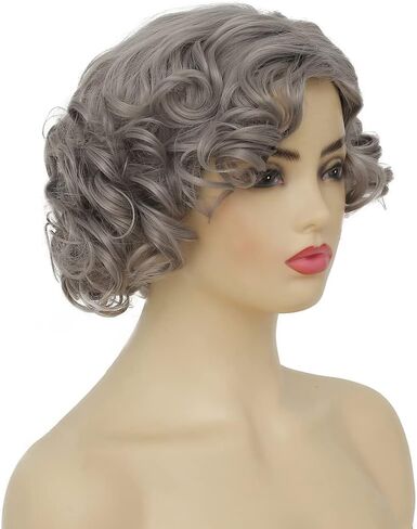 Amnenl Grey Short Curly Wig for Women Finger Wave Wigs Natural Heat Resistant Synthetic Hair for Daily Costume Party Halloween Wig in Kuwait
