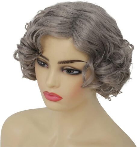 Amnenl Grey Short Curly Wig for Women Finger Wave Wigs Natural Heat Resistant Synthetic Hair for Daily Costume Party Halloween Wig in Kuwait